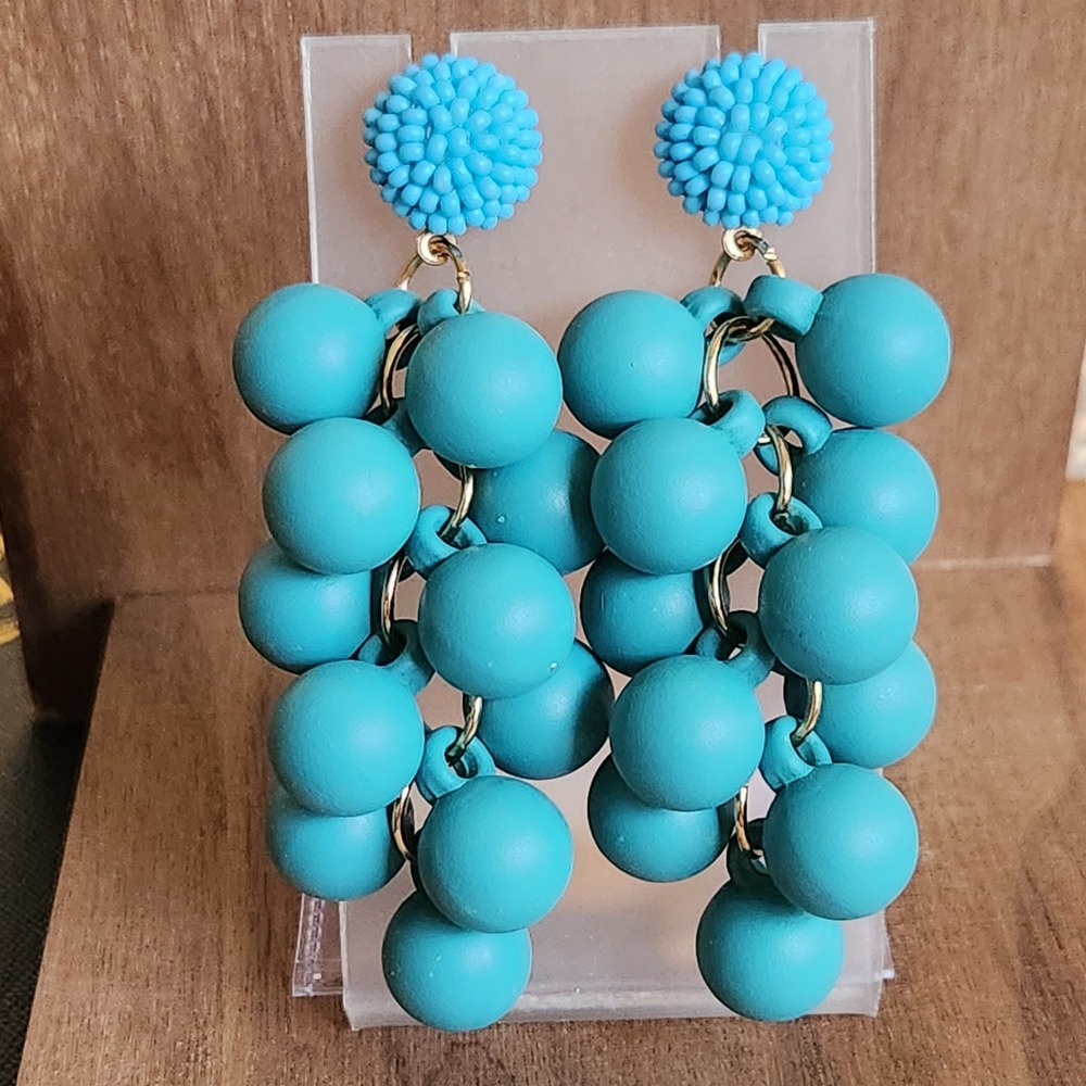 Turquoise Blue Beaded Cluster Drop Statement Earrings Matte Spheres Gold Tone